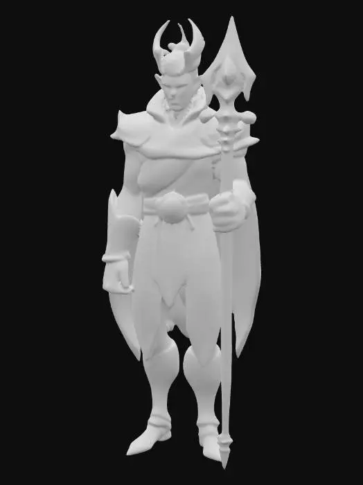 3D model for An imposing, stylized character stands confidently, adorned in a purple and dark blue robe-like garment with gold trim, featuring broad, angular shoulders and a long, flowing cape. A prominent, ornate headpiece resembling a stylized scarab or falcon crowns its head, also with gold accents. The character has pale skin, sharp red eyes, and small red lips, with a determined expression. It wields a tall, scepter-like staff or sword, geometrically designed with a purple blade and gold hilt, studded with green gem-like elements. Its posture is upright and powerful, with one hand gripping the weapon.