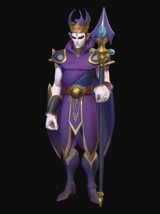 3D model for An imposing, stylized character stands confidently, adorned in a purple and dark blue robe-like garment with gold trim, featuring broad, angular shoulders and a long, flowing cape. A prominent, ornate headpiece resembling a stylized scarab or falcon crowns its head, also with gold accents. The character has pale skin, sharp red eyes, and small red lips, with a determined expression. It wields a tall, scepter-like staff or sword, geometrically designed with a purple blade and gold hilt, studded with green gem-like elements. Its posture is upright and powerful, with one hand gripping the weapon.
