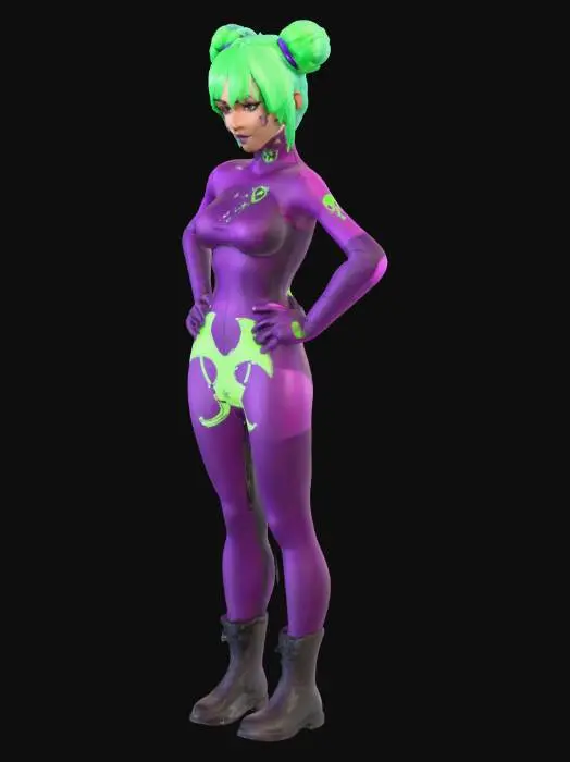3D model for A stylized female character stands confidently, hands on hips, with a slender yet athletic build. Her skin is a deep, smooth purple, contrasting with vibrant neon green hair styled into two large pigtails and a bun. She wears a form-fitting, sleek purple bodysuit with a neon green biohazard symbol on the chest and a matching belt and long gloves. Her eyes are bright green with large pupils, and she has a subtle, knowing smile. Robust, textured black boots complete her ensemble.
