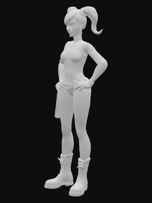 3D model for A stylized female character stands confidently, hands on hips, with a slender yet athletic build. Her skin is a deep, smooth purple, contrasting with vibrant neon green hair styled into two large pigtails and a bun. She wears a form-fitting, sleek purple bodysuit with a neon green biohazard symbol on the chest and a matching belt and long gloves. Her eyes are bright green with large pupils, and she has a subtle, knowing smile. Robust, textured black boots complete her ensemble.