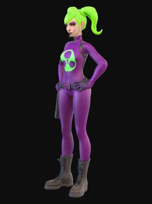 3D model for A stylized female character stands confidently, hands on hips, with a slender yet athletic build. Her skin is a deep, smooth purple, contrasting with vibrant neon green hair styled into two large pigtails and a bun. She wears a form-fitting, sleek purple bodysuit with a neon green biohazard symbol on the chest and a matching belt and long gloves. Her eyes are bright green with large pupils, and she has a subtle, knowing smile. Robust, textured black boots complete her ensemble.