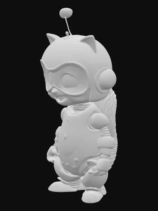 3D model for A robotic squirrel character model is presented, composed of chunky white and grey metallic plates fastened with visible rivets and panel lines, forming a robust, almost astronaut-like suit. Her head is enclosed in a smooth, translucent light-blue spherical helmet, adorned with a pink disc and a red ball antenna. The robotic squirrel's face is a stylized tan, featuring prominent mechanical buck teeth, green-lensed goggles, and a fixed, cheerful expression. A segmented, brown, mechanical squirrel tail-like appendage extends from the back, designed with a hard, articulated texture.