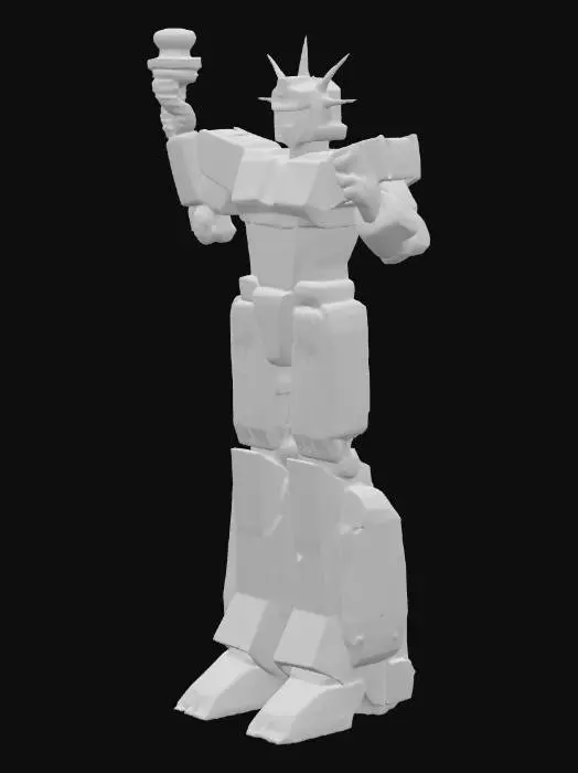 3D model for A colossal, articulated robotic figure stands in a powerful, heroic posture, reimagining the Statue of Liberty as a transformer. Its metallic chassis is meticulously detailed with visible joints, segmented plating, and a formidable build. The surface is predominantly striped in bold red and white, while deep blue sections, emblazoned with bright white stars, form its crown and a sturdy arm shield. Its uplifted arm holds a stylized torch, giving the figure a sleek, robust, and imposing appearance, suggesting a cold, unyielding metallic touch.
