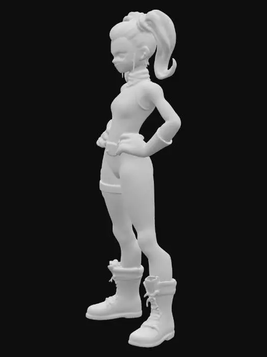 3D model for A stylized female character stands confidently, hands on hips, with a slender yet athletic build. Her skin is a deep, smooth purple, contrasting with vibrant neon green hair styled into two large pigtails and a bun. She wears a form-fitting, sleek purple bodysuit with a neon green biohazard symbol on the chest and a matching belt and long gloves. Her eyes are bright green with large pupils, and she has a subtle, knowing smile. Robust, textured black boots complete her ensemble.