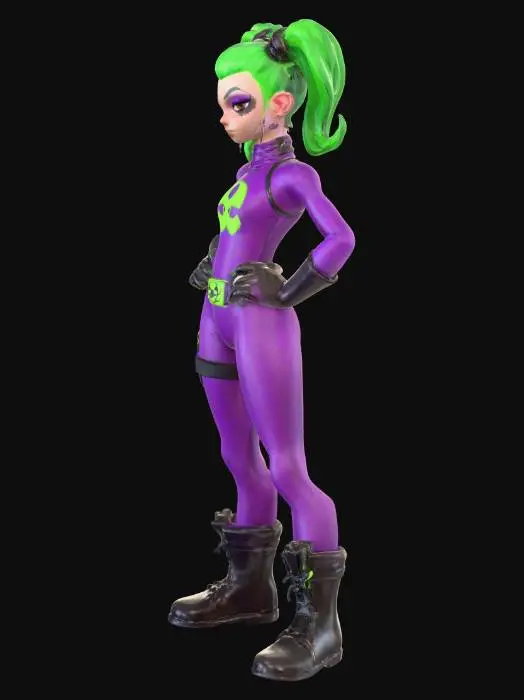 3D model for A stylized female character stands confidently, hands on hips, with a slender yet athletic build. Her skin is a deep, smooth purple, contrasting with vibrant neon green hair styled into two large pigtails and a bun. She wears a form-fitting, sleek purple bodysuit with a neon green biohazard symbol on the chest and a matching belt and long gloves. Her eyes are bright green with large pupils, and she has a subtle, knowing smile. Robust, textured black boots complete her ensemble.