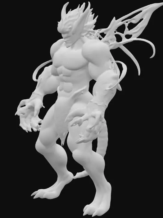 3D model for A formidable creature, a muscular fusion of a fighting-type and fairy-type, stands with a powerful, dynamic posture. Its four arms are prominent; two are large, pink, and white with glowing light-blue crystalline claws, while two delicate, ribbon-like appendages, in swirling pink, white, and light blue, sparkle with ethereal energy from its back. Its head features large, pointed ears atop a rugged face with a determined expression. The body is a blend of soft, plush pink and white fur, giving a plush yet strong appearance.