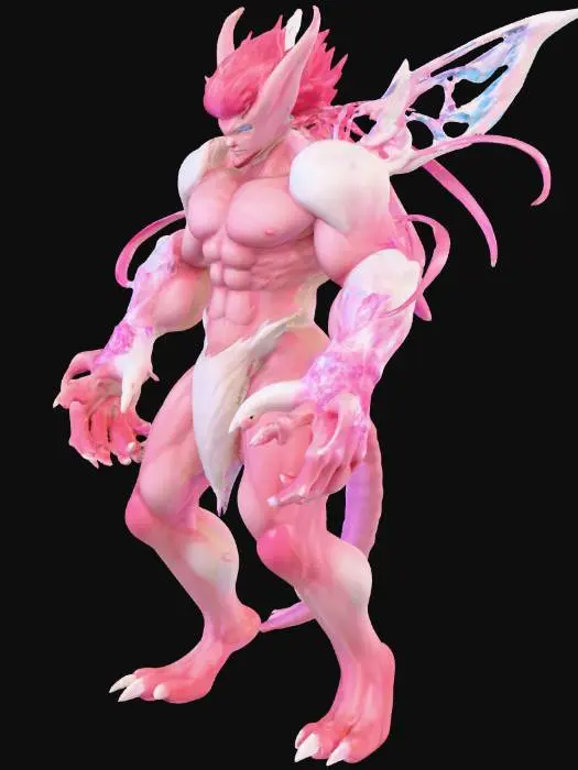3D model for A formidable creature, a muscular fusion of a fighting-type and fairy-type, stands with a powerful, dynamic posture. Its four arms are prominent; two are large, pink, and white with glowing light-blue crystalline claws, while two delicate, ribbon-like appendages, in swirling pink, white, and light blue, sparkle with ethereal energy from its back. Its head features large, pointed ears atop a rugged face with a determined expression. The body is a blend of soft, plush pink and white fur, giving a plush yet strong appearance.