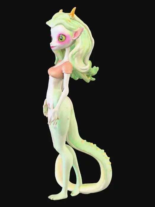 3D model for A female serpentine creature stands elegantly, her humanoid upper body a pale white, transitioning into a vibrant light green and cream lower snake-like form. Her head is adorned with numerous writhing light green snakes as hair, accented with yellow-orange tips, conveying a dynamic texture. She possesses large, striking pink eyes and a delicate mouth, maintaining a serene expression. Her slender upper torso features a red and pink chest piece and cream shoulder accents, while a long, segmented tail, predominantly light green with a cream underside, coils gracefully, suggesting a smooth, slightly scaly texture.