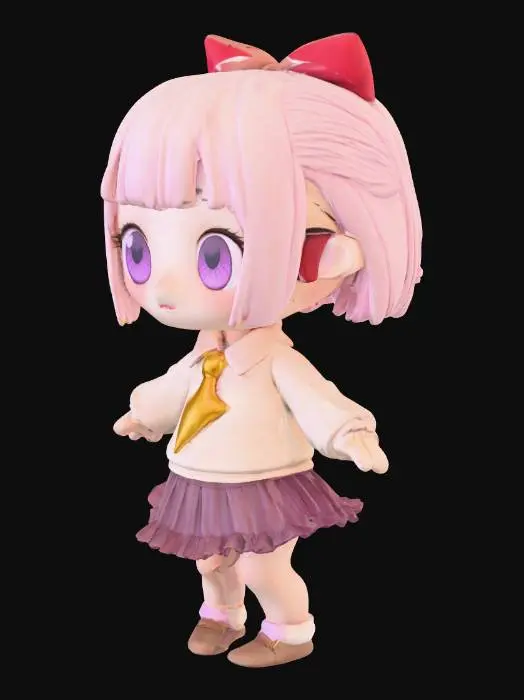 3D model for A chibi-style anime girl model with an endearing appearance, featuring short, wavy light pink hair adorned with a red bow. Her large, round purple eyes gaze out from a smooth, fair-skinned face with a soft expression. She wears a beige short-sleeved top with a red and yellow lightning bolt tie, suggesting a soft fabric texture. Below, a brown tiered pleated skirt adds a textured, ruffled look. Her small arms are slightly outstretched, and she has a dark blue and pink pin on her skirt, conveying a cute and delicate form.