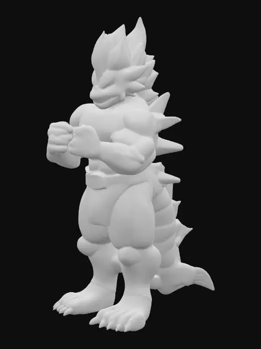 3D model for A powerful, muscular humanoid creature model with a vibrant orange-red skin texture, standing in a confident, broad-shouldered pose. It features four arms: two solid, orange arms with clenched fists resting on its hips, and two ethereal, light blue, slightly transparent arms raised above its shoulders, suggesting a glowing, elemental quality. Its head is topped with a spiky, light blue crest resembling hair. The creature wears simple black briefs with a distinct silver and light blue belt buckle, emphasizing its robust physique.