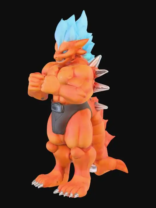 3D model for A powerful, muscular humanoid creature model with a vibrant orange-red skin texture, standing in a confident, broad-shouldered pose. It features four arms: two solid, orange arms with clenched fists resting on its hips, and two ethereal, light blue, slightly transparent arms raised above its shoulders, suggesting a glowing, elemental quality. Its head is topped with a spiky, light blue crest resembling hair. The creature wears simple black briefs with a distinct silver and light blue belt buckle, emphasizing its robust physique.
