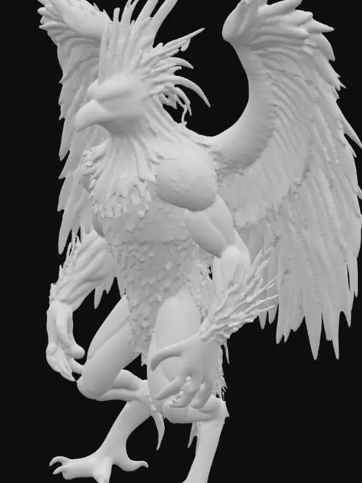 3D model for A fierce, avian-humanoid creature model stands in a powerful, slightly hunched posture, showcasing a dense covering of brown and tan feathers, giving a rugged, textured appearance. Its head features a sharp beak, intense blue eyes, and a prominent red and white feathered crest. Large, layered wings extend from its back and arms, predominantly reddish-brown with striped white and tan accents, suggesting a soft yet formidable feather texture. Its robust legs end in sharp, pale grey claws, emphasizing its predatory nature and grounded stance.