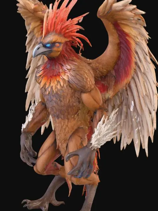 3D model for A fierce, avian-humanoid creature model stands in a powerful, slightly hunched posture, showcasing a dense covering of brown and tan feathers, giving a rugged, textured appearance. Its head features a sharp beak, intense blue eyes, and a prominent red and white feathered crest. Large, layered wings extend from its back and arms, predominantly reddish-brown with striped white and tan accents, suggesting a soft yet formidable feather texture. Its robust legs end in sharp, pale grey claws, emphasizing its predatory nature and grounded stance.