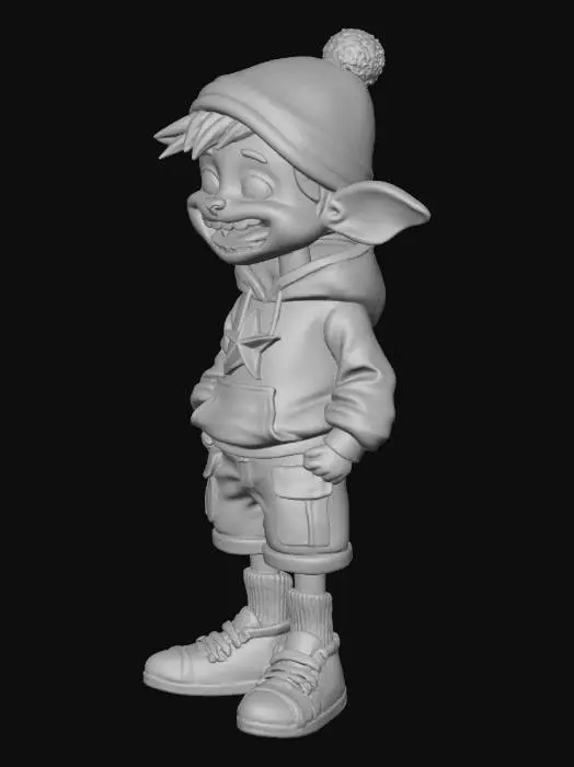 3D model for A vibrant rapper character model, featuring smooth, glossy orange chitinous skin and large, articulated crab claws for hands, giving a unique hard-shelled texture. Her fluffy blue hair is tucked beneath a contrasting yellow beanie. She sports an oversized, sky-blue crop hoodie with a metallic gold star emblem, paired with loose-fitting pink cargo shorts that convey a soft fabric texture. Chunky purple and white sneakers are worn over slouchy yellow ribbed socks, adding to her confident street-style. Her expression is an open-mouthed, cheerful grin, exuding charisma and swagger.