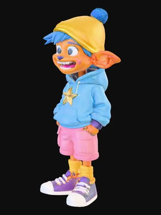 3D model for A vibrant rapper character model, featuring smooth, glossy orange chitinous skin and large, articulated crab claws for hands, giving a unique hard-shelled texture. Her fluffy blue hair is tucked beneath a contrasting yellow beanie. She sports an oversized, sky-blue crop hoodie with a metallic gold star emblem, paired with loose-fitting pink cargo shorts that convey a soft fabric texture. Chunky purple and white sneakers are worn over slouchy yellow ribbed socks, adding to her confident street-style. Her expression is an open-mouthed, cheerful grin, exuding charisma and swagger.