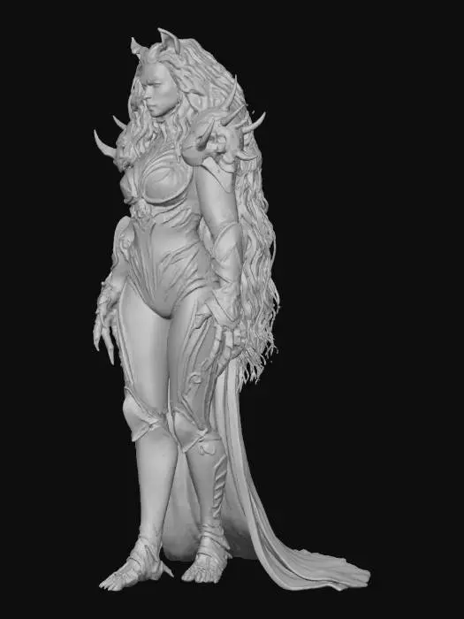 3D model for A regal female humanoid lioness, embodying a supervillain's menacing allure. Her powerful, muscular form is adorned with dark, sleek obsidian-like armor plates, sharply articulated shoulders, and a flowing, luxurious black mane with golden streaks. Her predatory features include sharp metallic claws and a long, swishing tail tipped with a dark tuft. Her face, framed by golden ear accents, bears an arrogant sneer, with piercing emerald eyes that gleam with sinister intent, exuding an aura of dominant strength and ruthless elegance.