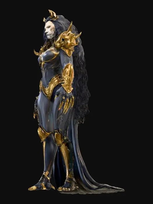 3D model for A regal female humanoid lioness, embodying a supervillain's menacing allure. Her powerful, muscular form is adorned with dark, sleek obsidian-like armor plates, sharply articulated shoulders, and a flowing, luxurious black mane with golden streaks. Her predatory features include sharp metallic claws and a long, swishing tail tipped with a dark tuft. Her face, framed by golden ear accents, bears an arrogant sneer, with piercing emerald eyes that gleam with sinister intent, exuding an aura of dominant strength and ruthless elegance.