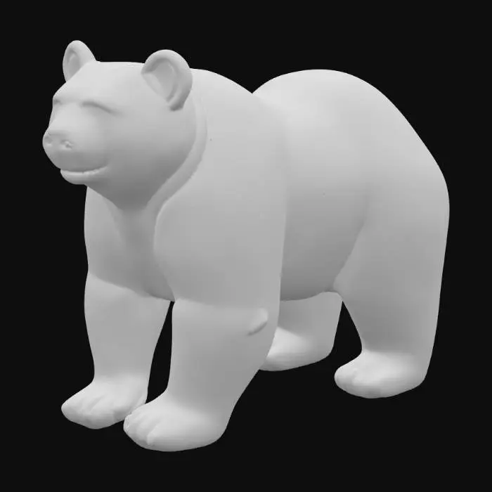 3D model for A standing bear sculpture, meticulously crafted from translucent, smooth glass that refracts light with subtle gleams. Its form is solid and heavy, yet the material conveys a delicate fragility. The entire surface is covered in vibrant, abstract graffiti tags and intricate street art, applied in opaque, matte paints of contrasting reds, blues, yellows, and black. This creates a fascinating visual texture where the smooth glass meets the slightly raised, gritty paint, giving it a cool, hard touch beneath the layered art. Its robust, ursine shape is clearly defined, but the colorful patterns add a rebellious, dynamic appearance.