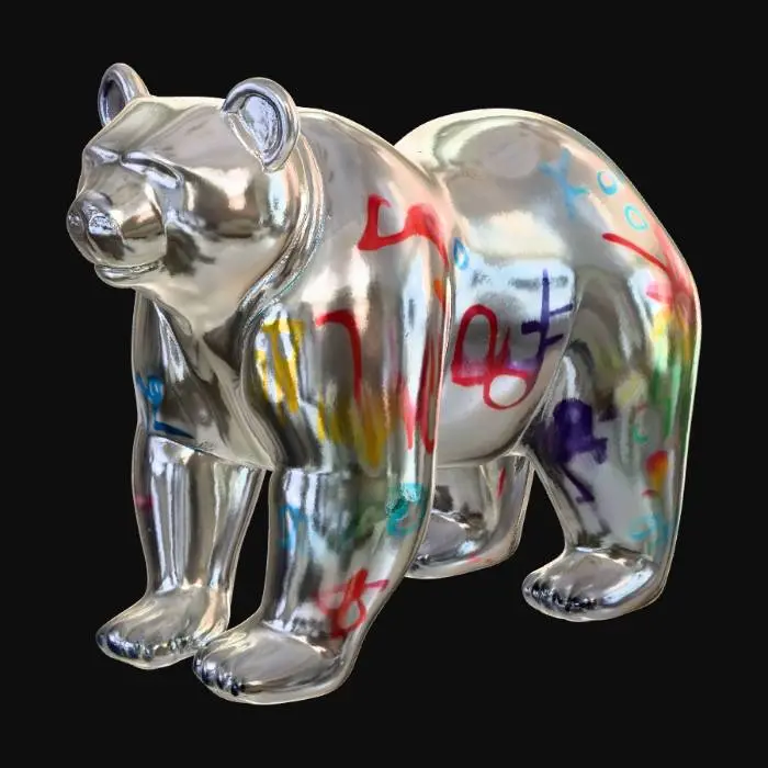 3D model for A standing bear sculpture, meticulously crafted from translucent, smooth glass that refracts light with subtle gleams. Its form is solid and heavy, yet the material conveys a delicate fragility. The entire surface is covered in vibrant, abstract graffiti tags and intricate street art, applied in opaque, matte paints of contrasting reds, blues, yellows, and black. This creates a fascinating visual texture where the smooth glass meets the slightly raised, gritty paint, giving it a cool, hard touch beneath the layered art. Its robust, ursine shape is clearly defined, but the colorful patterns add a rebellious, dynamic appearance.