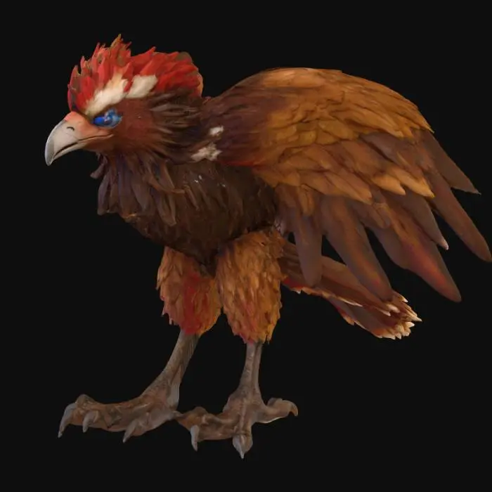 3D model for A fierce, avian-humanoid creature model stands in a powerful, slightly hunched posture, showcasing a dense covering of brown and tan feathers, giving a rugged, textured appearance. Its head features a sharp beak, intense blue eyes, and a prominent red and white feathered crest. Large, layered wings extend from its back and arms, predominantly reddish-brown with striped white and tan accents, suggesting a soft yet formidable feather texture. Its robust legs end in sharp, pale grey claws, emphasizing its predatory nature and grounded stance.