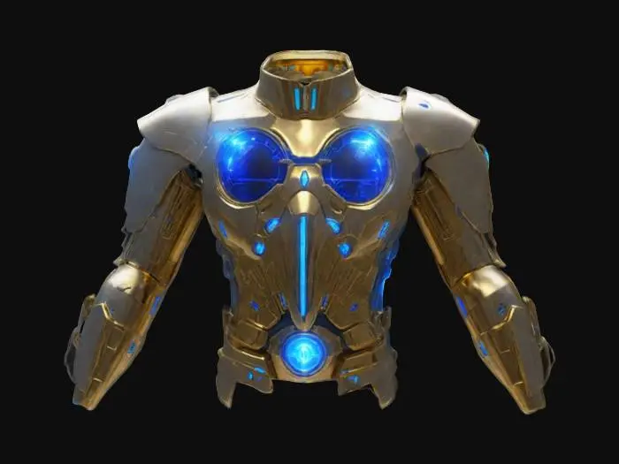 3D model for #ChronoForgeWeapon#, Plastron Of Legend power aura light glow, the object is a big Plastron crafted in metal and gold with a blue light plasma injection , futiristic , sci fi dark technology , Tek , vivid colors , realistic 