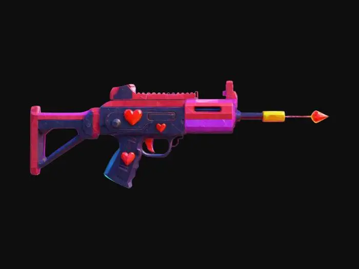 3D model for #valentine#, , masterpiece, lowpoly, glowing magic laser love uzi fat flat pistol chibi style legendary item funny game style vivid colors