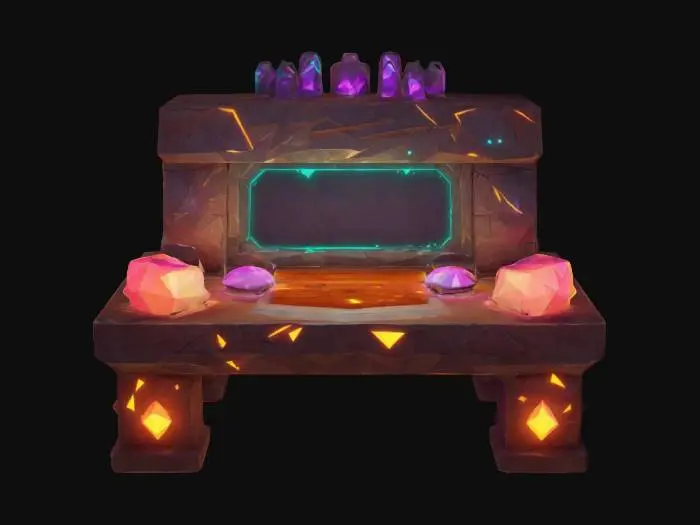 3D model for masterpiece, lowpoly, glowing magic laser mysterious mystical Workbench geometrical shapes huge chibi style legendary funny game style vivid colors, Unique Original Shape 