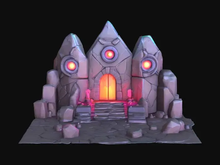 3D model for masterpiece, lowpoly, glowing magic laser mysterious mystical dungeon Bunker geometrical shapes huge chibi style legendary funny game style vivid colors, Unique Original Shape 