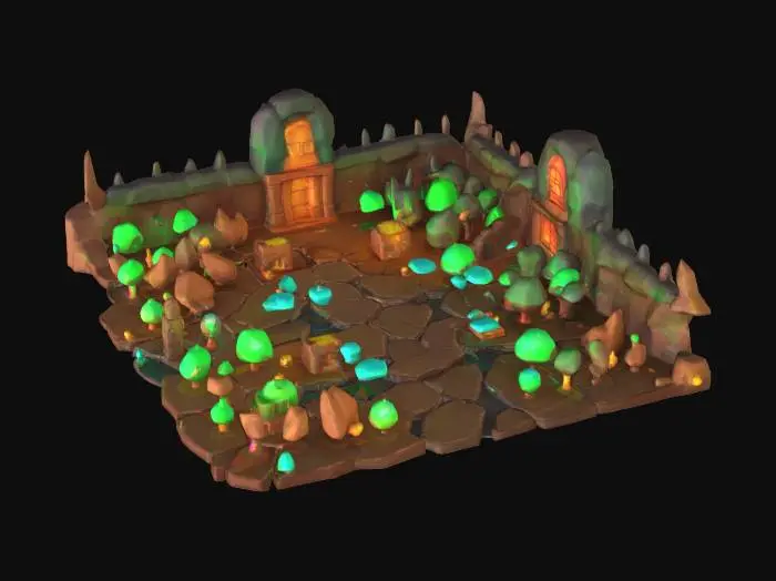 3D model for masterpiece, lowpoly, glowing magic laser mysterious mystical Stone dungeon Bunker geometrical shapes huge chibi style legendary funny game style vivid colors, Unique Original Shape 
