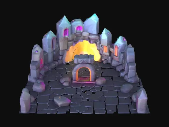 3D model for masterpiece, lowpoly, glowing magic laser mysterious mystical Stone dungeon Bunker geometrical shapes huge chibi style legendary funny game style vivid colors, Unique Original Shape 