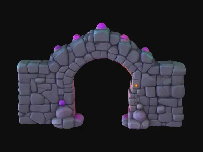 3D model for masterpiece, lowpoly, glowing magic laser mysterious mystical Stone dungeon Bunker monumental gate geometrical shapes huge chibi style legendary funny game style vivid colors, Unique Original Shape