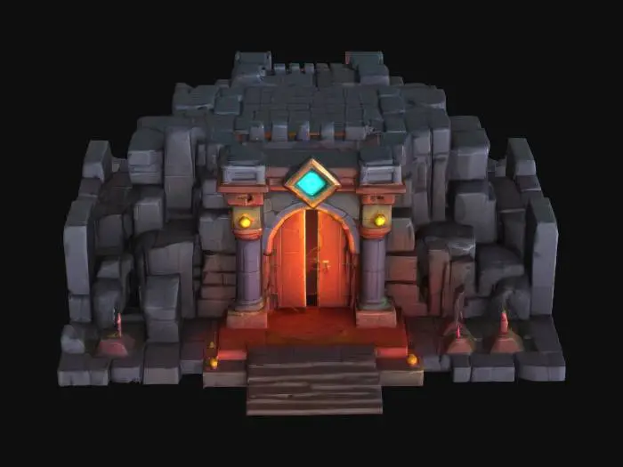 3D model for masterpiece, lowpoly, glowing magic laser mysterious mystical Stone dungeon Bunker monumental gate geometrical shapes huge chibi style legendary funny game style vivid colors, Unique Original Shape 