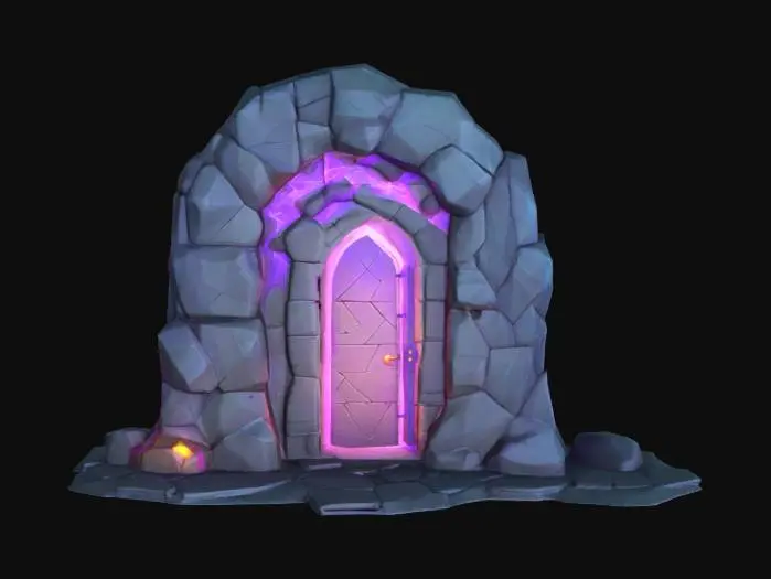 3D model for masterpiece, lowpoly, glowing magic laser mysterious mystical Stone dungeon Bunker monumental gate geometrical shapes huge chibi style legendary funny game style vivid colors, Unique Original Shape 