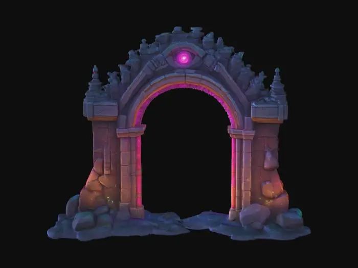 3D model for masterpiece, lowpoly, glowing magic laser mysterious mystical Stone dungeon Bunker monumental Huge Giant gate geometrical shapes huge chibi style legendary funny game style vivid colors, Unique Original Shape