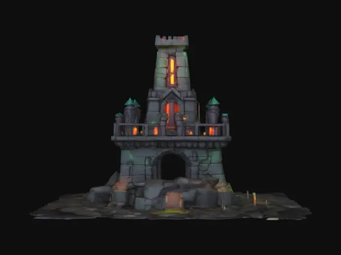 3D model for masterpiece, lowpoly, glowing magic laser mysterious mystical Stone dungeon Bunker monumental Huge Giant Fortification geometrical shapes huge chibi style legendary funny game style vivid colors, Unique Original Shape 