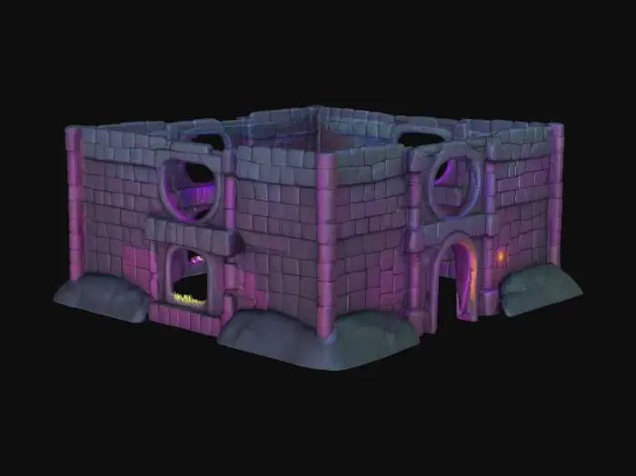 3D model for masterpiece, lowpoly, glowing magic laser mysterious mystical Stone dungeon Bunker monumental Huge Giant Fortification geometrical shapes huge chibi style legendary funny game style vivid colors, Unique Original Shape 