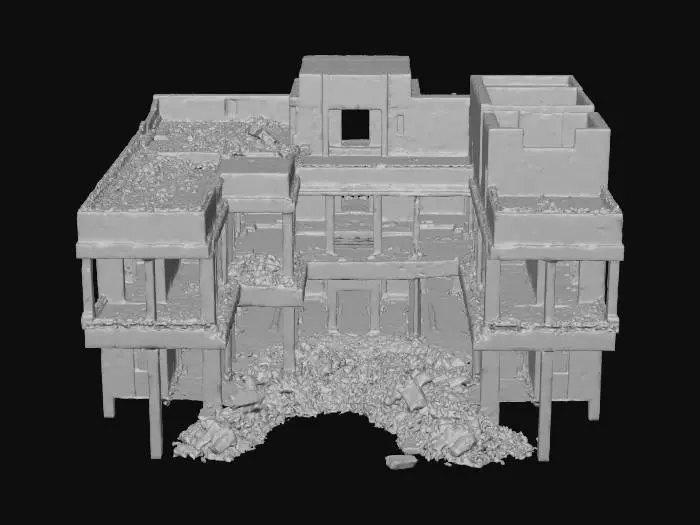 3D model for semi destroyed big construction, game style, smooth cool design, vivid colors