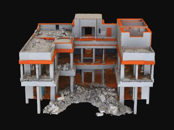 3D model for semi destroyed big construction, game style, smooth cool design, vivid colors