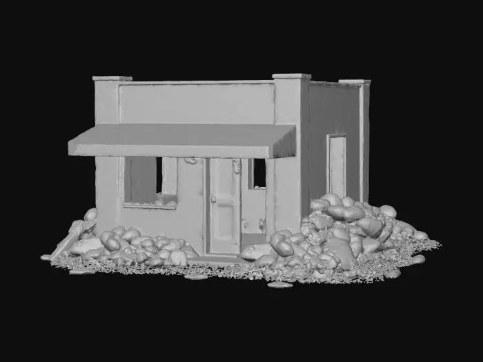 3D model for semi destroyed small construction, game style, smooth cool design, vivid colors