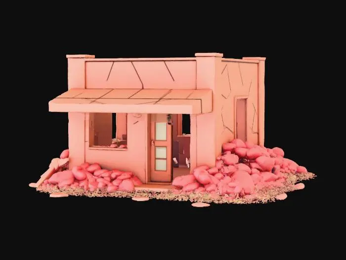 3D model for semi destroyed small construction, game style, smooth cool design, vivid colors