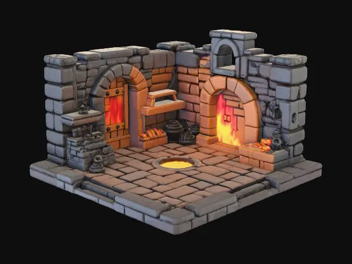 3D model for warcraft dwarfen forge , glowing parts, Huge, open, carve frome inside, flat game design style