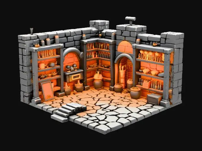 3D model for warcraft dwarfen armory , glowing parts, Huge, flat game design style