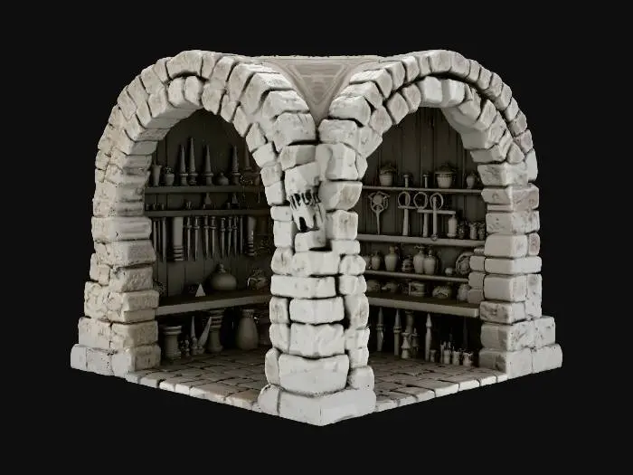 3D model for warcraft dwarfen armory , glowing parts, Huge, flat game design style