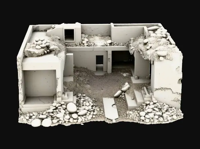 3D model for semi destroyed small construction, game style, smooth cool design, vivid colors