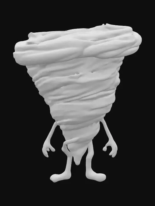 3D model for #ChristmasAdventure#, ultra réaliste, ultra détaillé, toutes les textures sont bien éclairés et lumineuse, couleurs ultra cartoonisés,  c'est une tornade anthropomorphe , il a des gros yeux  débile ,un regard admiratif et plein d'amour, il a deux bras et une jambe , lumineux, il se tient debout , il est gigantesque sa taille 