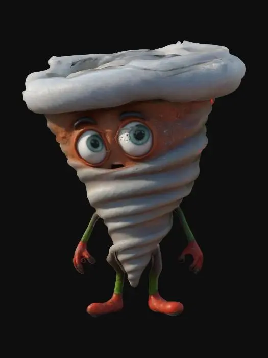 3D model for #ChristmasAdventure#, ultra réaliste, ultra détaillé, toutes les textures sont bien éclairés et lumineuse, couleurs ultra cartoonisés,  c'est une tornade anthropomorphe , il a des gros yeux  débile ,un regard admiratif et plein d'amour, il a deux bras et une jambe , lumineux, il se tient debout , il est gigantesque sa taille 