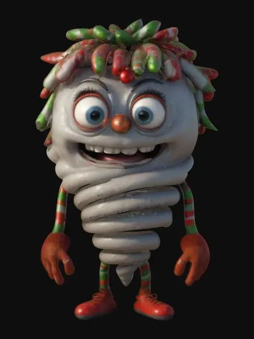 3D model for #ChristmasAdventure#, ultra réaliste, ultra détaillé, toutes les textures sont bien éclairés et lumineuse, couleurs ultra cartoonisés,  c'est une tornade anthropomorphe , il a des gros yeux  débile ,un regard admiratif et plein d'amour, il a deux bras et une jambe , lumineux, il se tient debout , il est gigantesque sa taille 