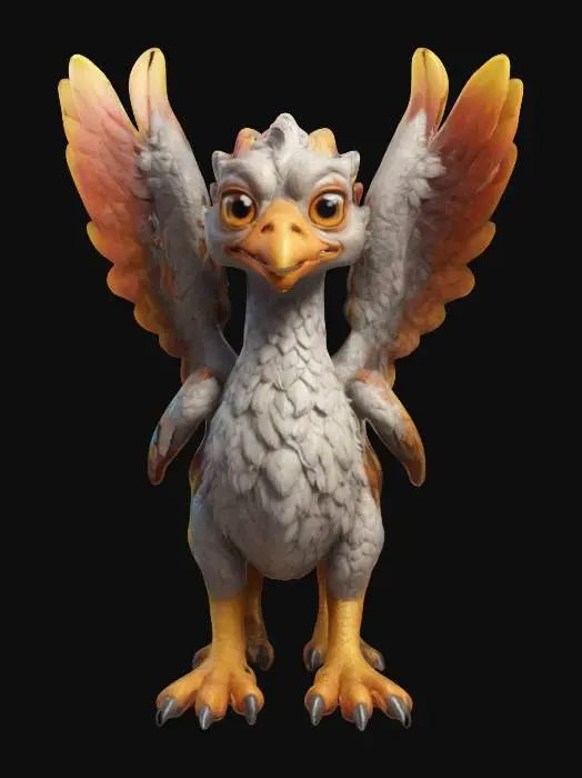 3D model for #ChristmasAdventure#, ultra réaliste, ultra détaillé, toutes les textures sont bien éclairés et lumineuse, couleurs ultra cartoonisés,  c'est un Griffon D'or Majestueux  , il a des gros yeux débile ,un regard admiratif et plein d'amour, il a deux bras et quatre jambe , lumineux, il se tient debout , il est très beau et mignon malgré sa grande taille 