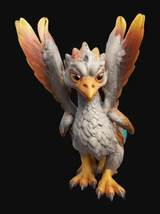 3D model for #ChristmasAdventure#, ultra réaliste, ultra détaillé, toutes les textures sont bien éclairés et lumineuse, couleurs ultra cartoonisés,  c'est un Griffon D'or Majestueux  , il a des gros yeux débile ,un regard admiratif et plein d'amour, il a deux bras et quatre jambe , lumineux, il se tient debout , il est très beau et mignon malgré sa grande taille 