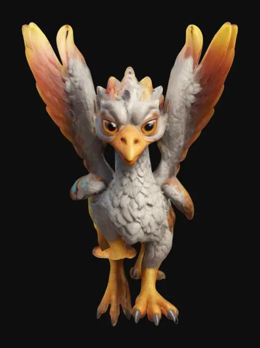 3D model for #ChristmasAdventure#, ultra réaliste, ultra détaillé, toutes les textures sont bien éclairés et lumineuse, couleurs ultra cartoonisés,  c'est un Griffon D'or Majestueux  , il a des gros yeux débile ,un regard admiratif et plein d'amour, il a deux bras et quatre jambe , lumineux, il se tient debout , il est très beau et mignon malgré sa grande taille 
